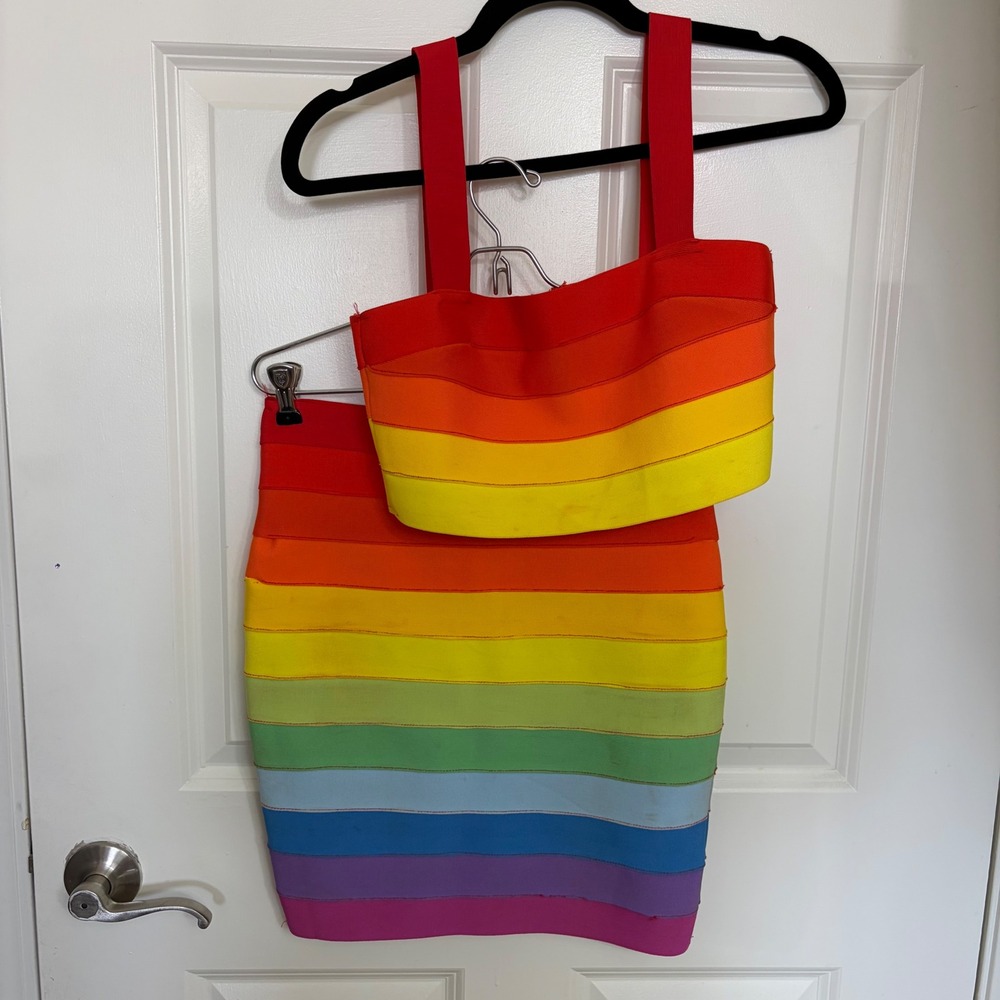 Fashion Nova Rainbow Striped Bandage Two Piece Set Skirt Crop Top M